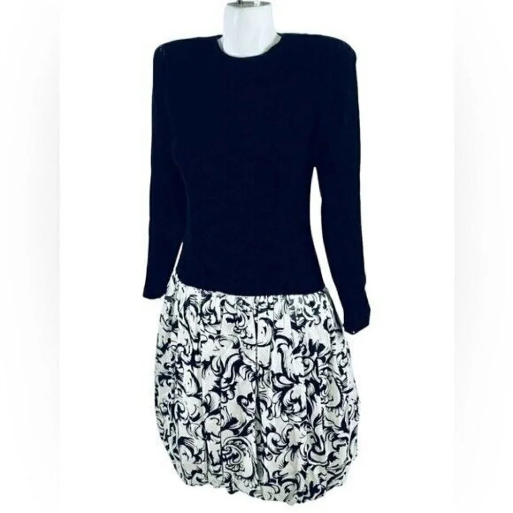 VTG Maggy London 90's Black and White Floral Long Sleeve Velvet Dress Bubble Hem